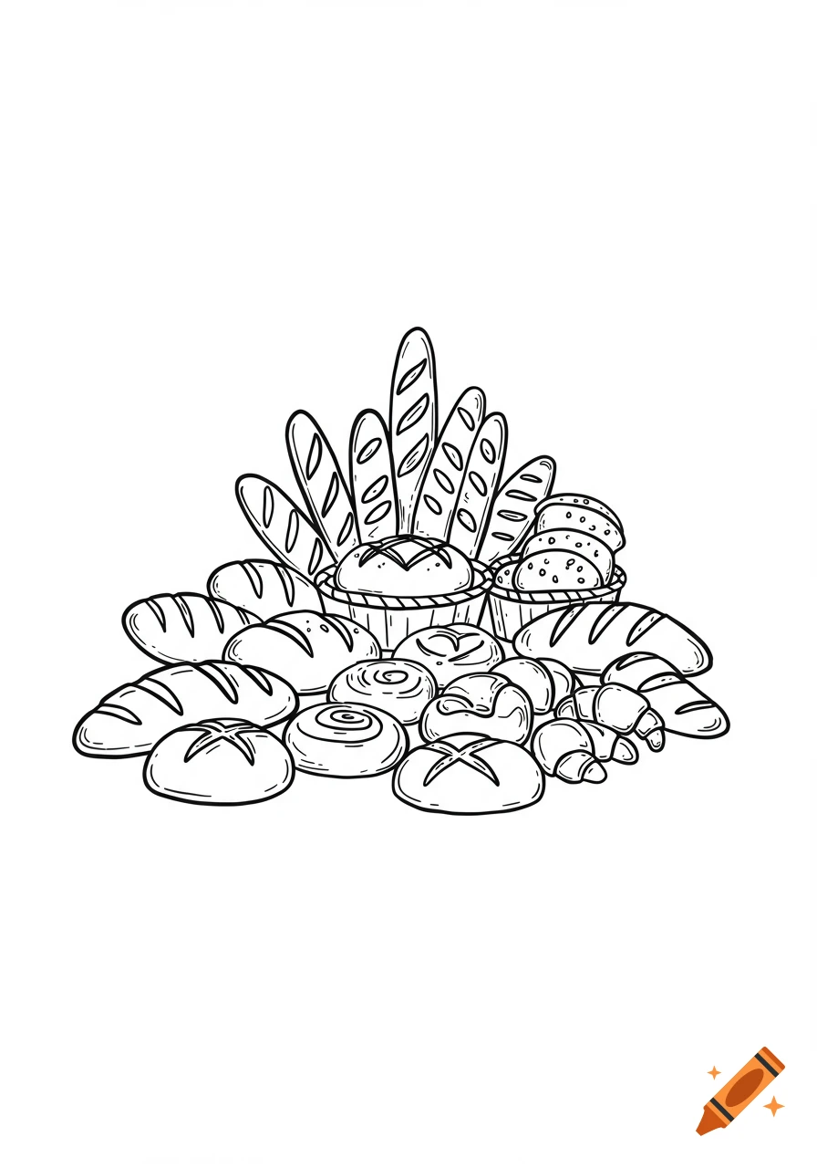 A doodle line art illustration of a variety of bread and pastry items like baguettes, loaves, croissants, and rolls.