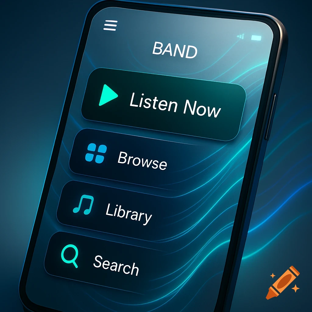 Close-up of a smartphone displaying a dark blue music app interface with a 'BAND' title, 'Listen Now', 'Browse', 'Library', and 'Search' options.