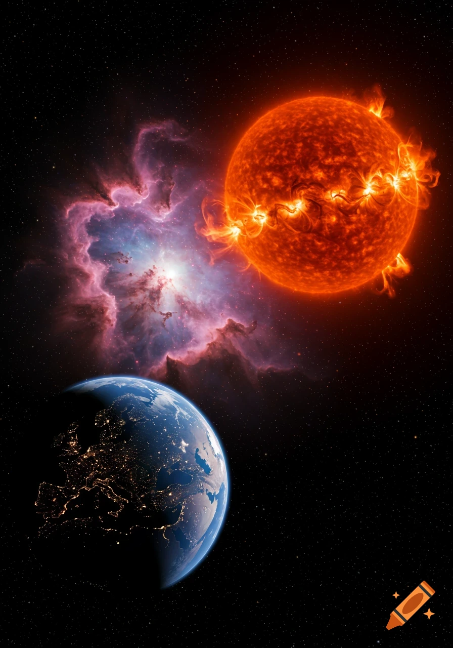 Photorealistic view of Earth with city lights, a flaring Sun, and a colorful nebula in dark space.