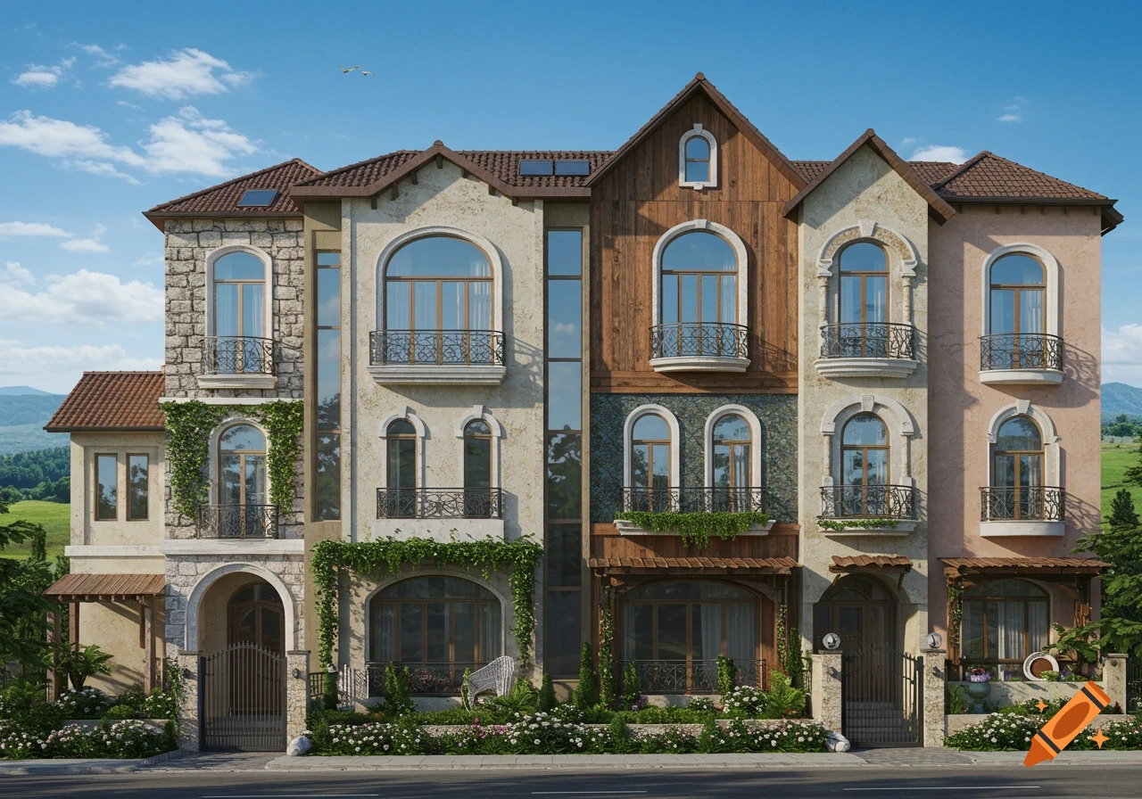 A grand, multi-story house with varied architectural facades, arched windows, balconies, and lush landscaping under a blue sky.
