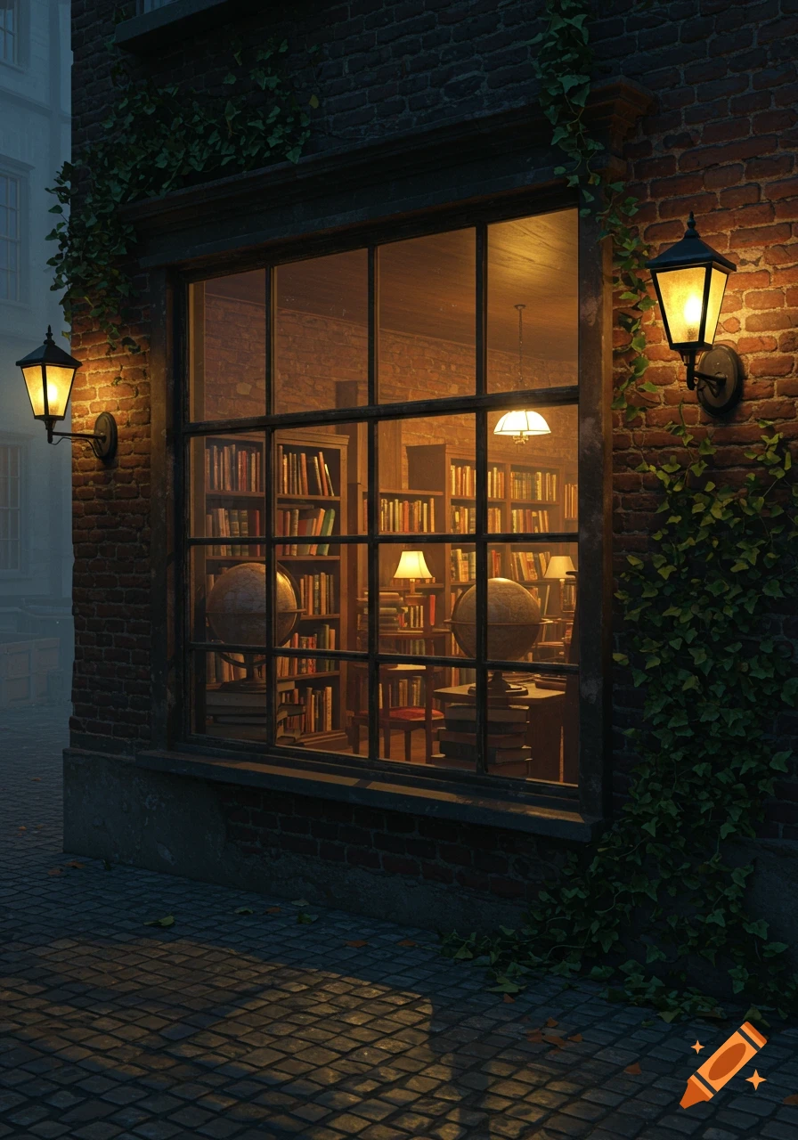 A warmly lit mysterious bookstore at dusk, viewed from outside a brick building with ivy and street lamps.
