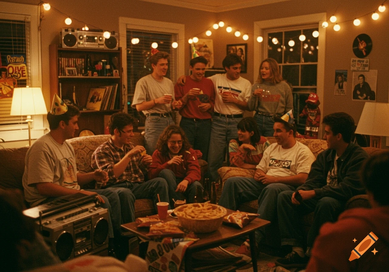A group of young adults at a 1990s house party, eating snacks and chatting in a warmly lit living room.