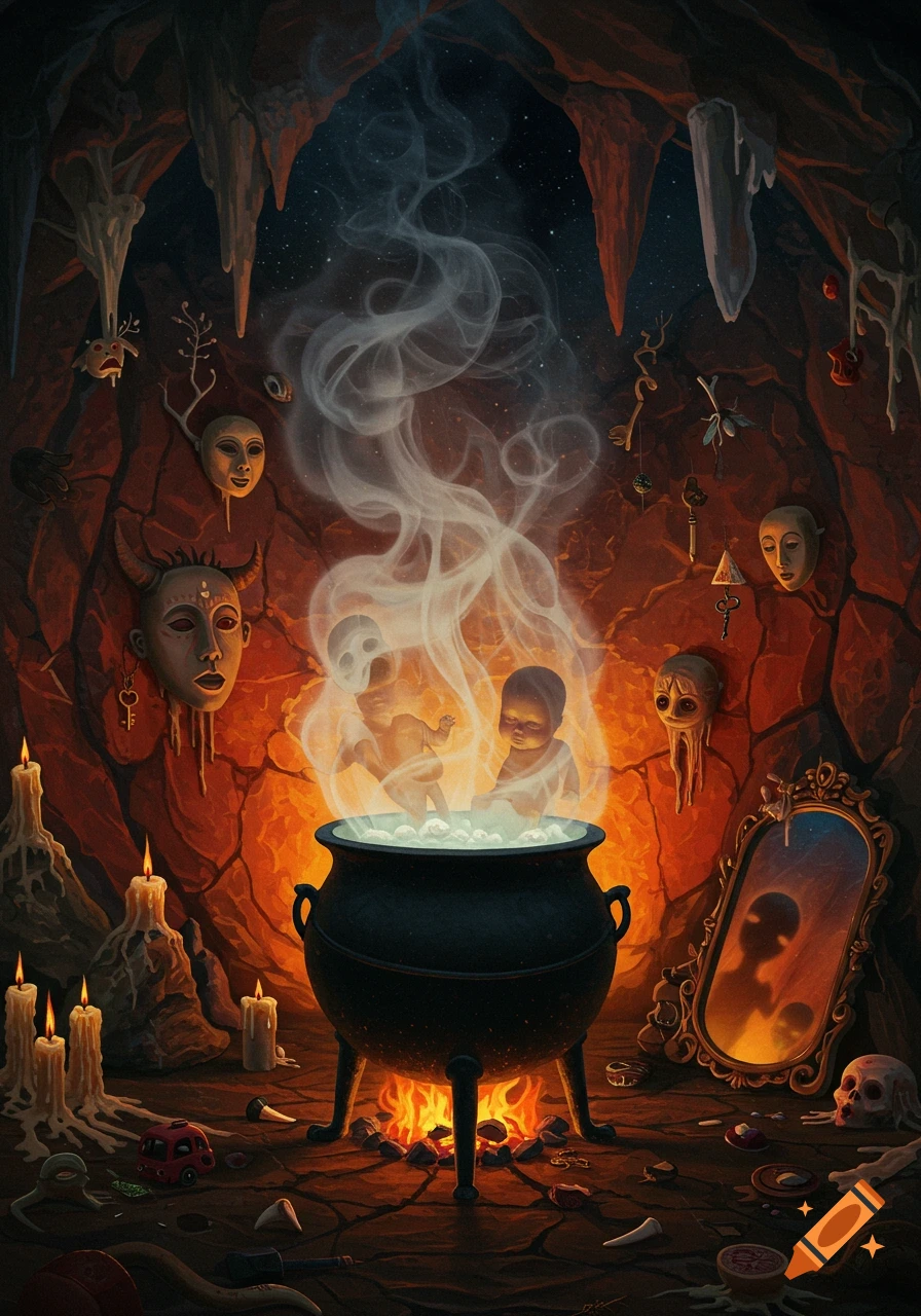 A dark, surreal painting of a black cauldron in a cave, emitting shimmering steam with translucent baby silhouettes. Melted candles and masks adorn the cave walls and floor.