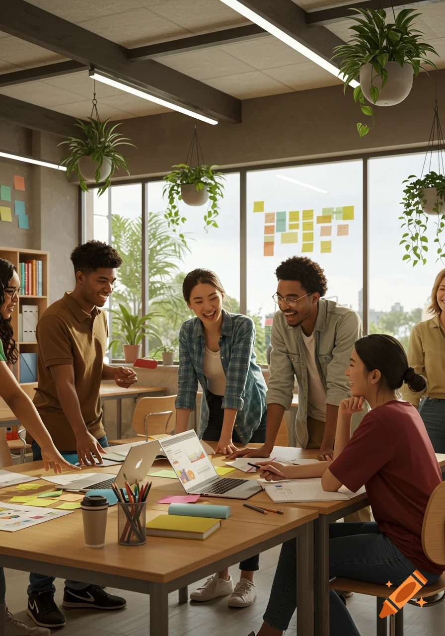 Diverse young adults collaborate in a bright, modern office, gathered around laptops and documents on a table.