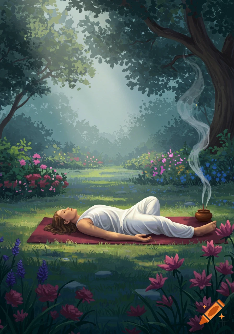 Illustrated woman in white doing savasana yoga on a mat in a lush, sunlit forest with colorful flowers and incense.
