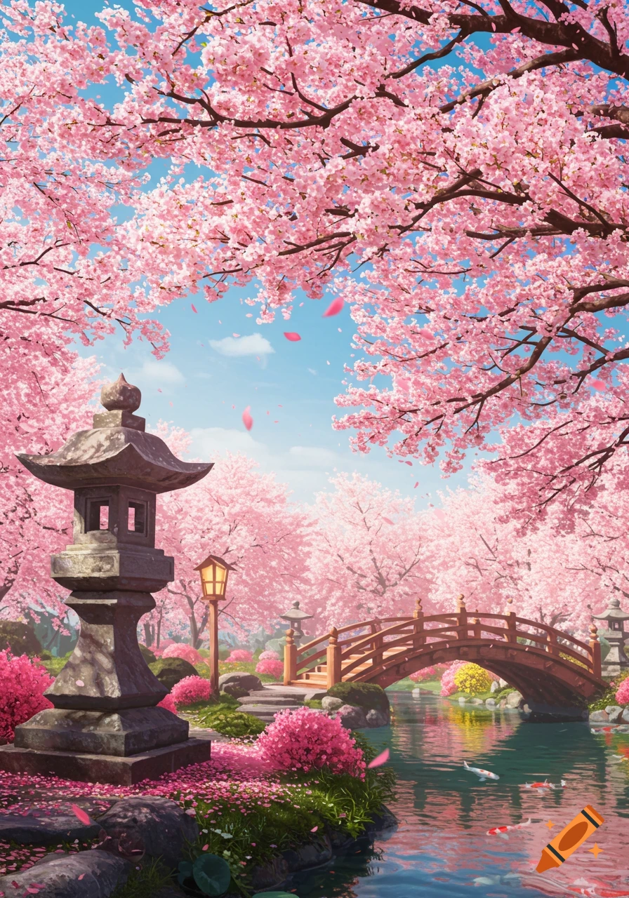 A vibrant painting of a Japanese garden with pink cherry blossoms, a stone lantern, a wooden bridge over a river with koi fish.