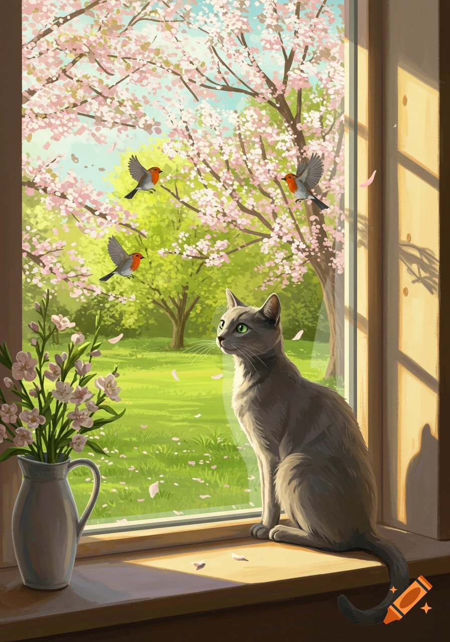 A gray cat sits on a window sill, gazing out at a bright spring garden with pink cherry blossoms and flying birds.