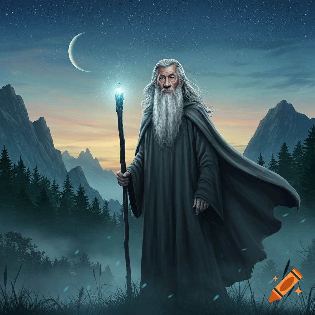 Gandalf, a bearded wizard in grey robes, holds a glowing staff under a crescent moon and starry sky in a mountain forest.