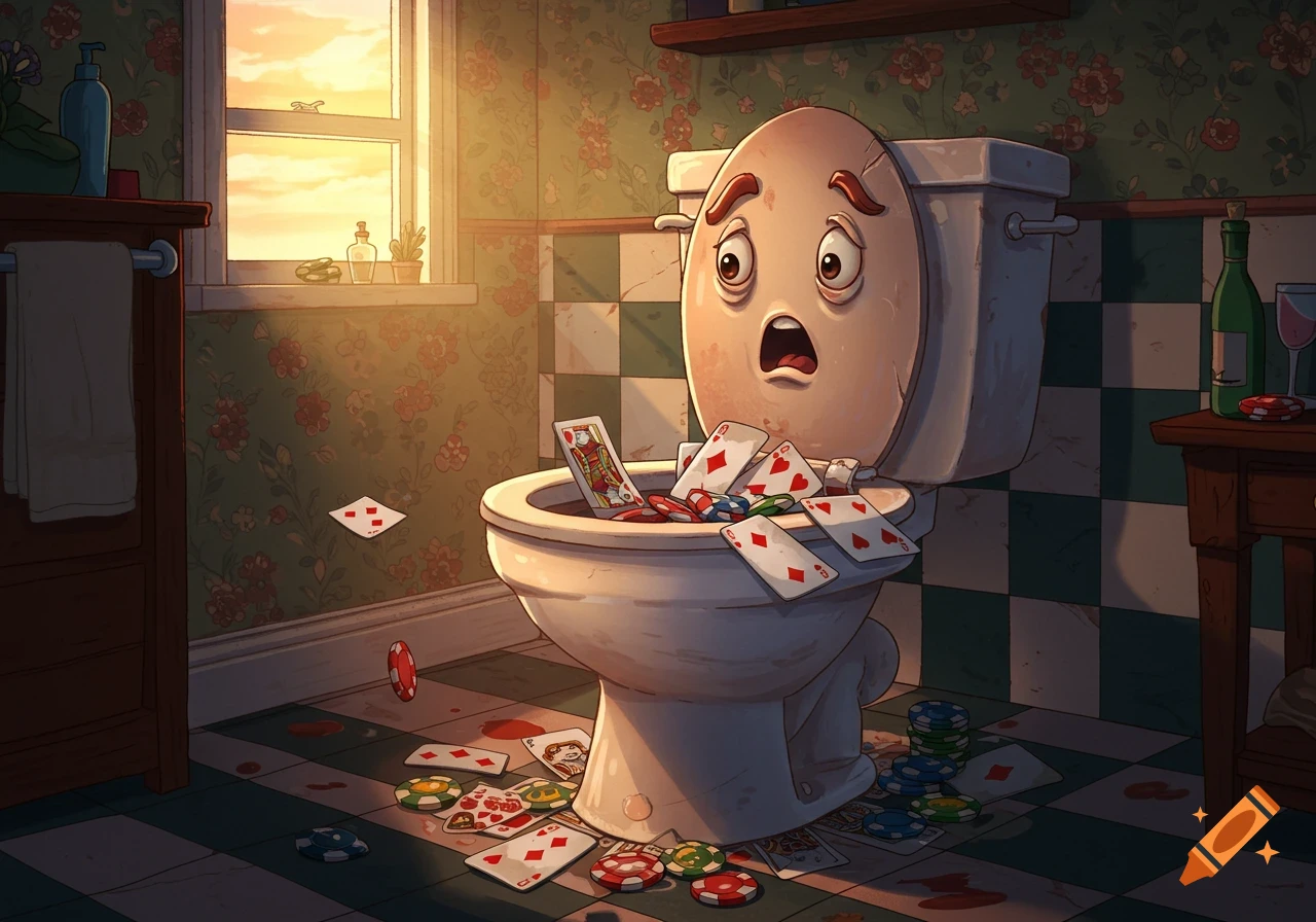 Cartoon toilet with a scared face overflowing with playing cards and chips in a messy bathroom, blood on the floor.