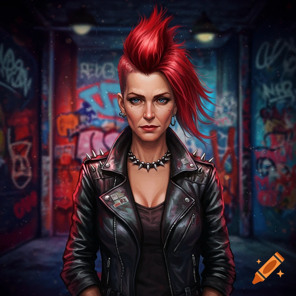 A woman with a red mohawk and shaved sides, wearing a spiked leather jacket and necklace, against a graffiti-covered alley background.