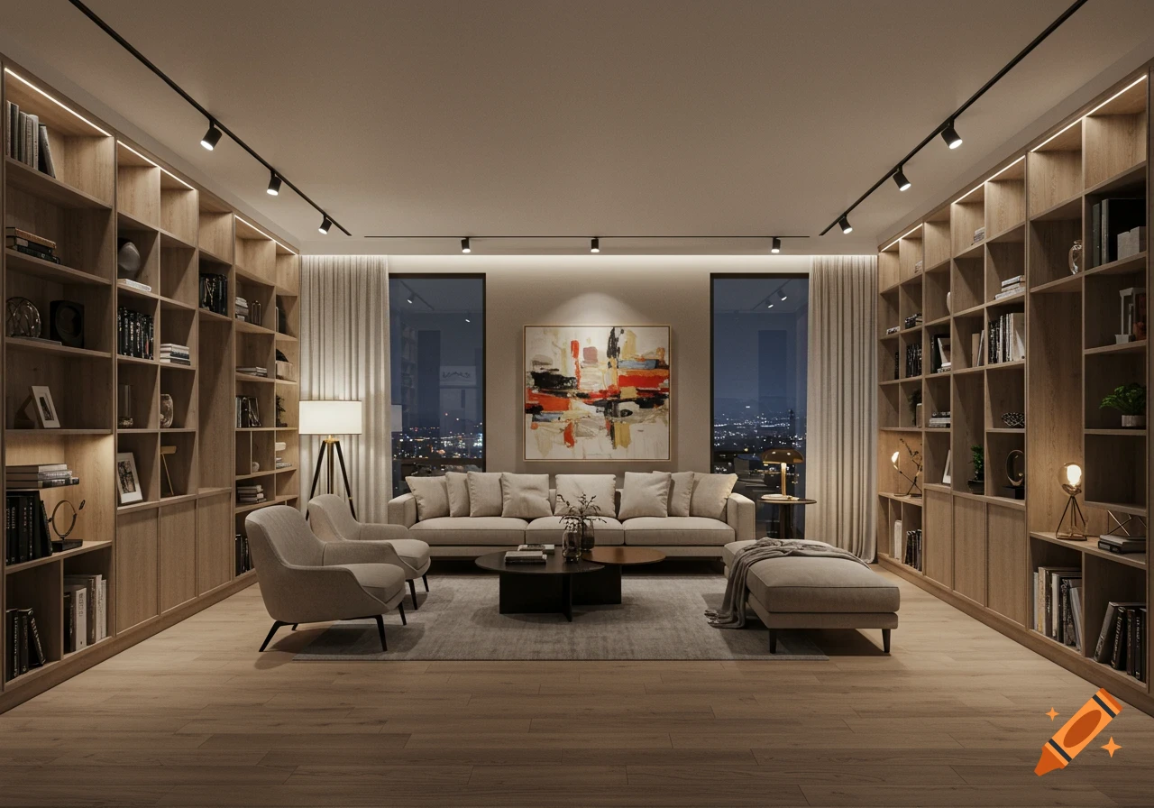 A modern living room with extensive built-in bookshelves, a beige sofa, two armchairs, and a coffee table, overlooking a city skyline at night.
