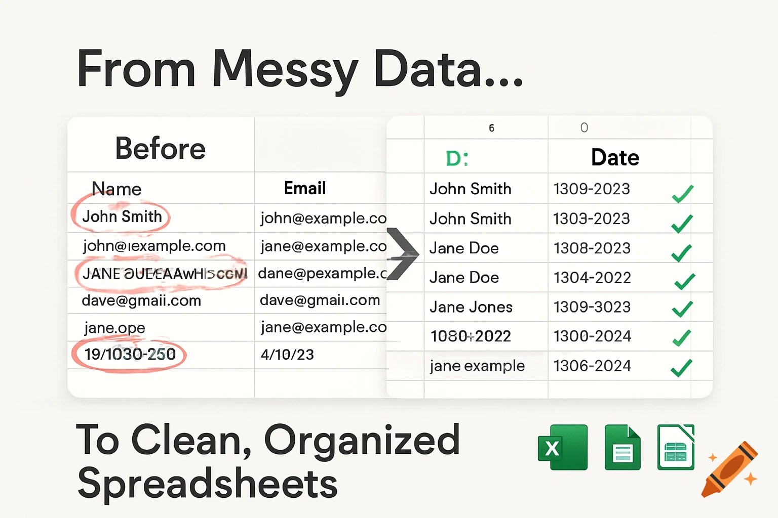A Fiverr gig thumbnail showing a 'Before' messy spreadsheet with errors on the left transforming into a 'Clean, Organized Spreadsheets' table on the right, with Excel, Google Sheets, and LibreOffice Calc icons.