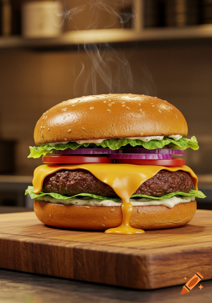 A steaming, juicy burger with melted cheese, lettuce, tomato, and red onion on a sesame seed bun, on a wooden board.