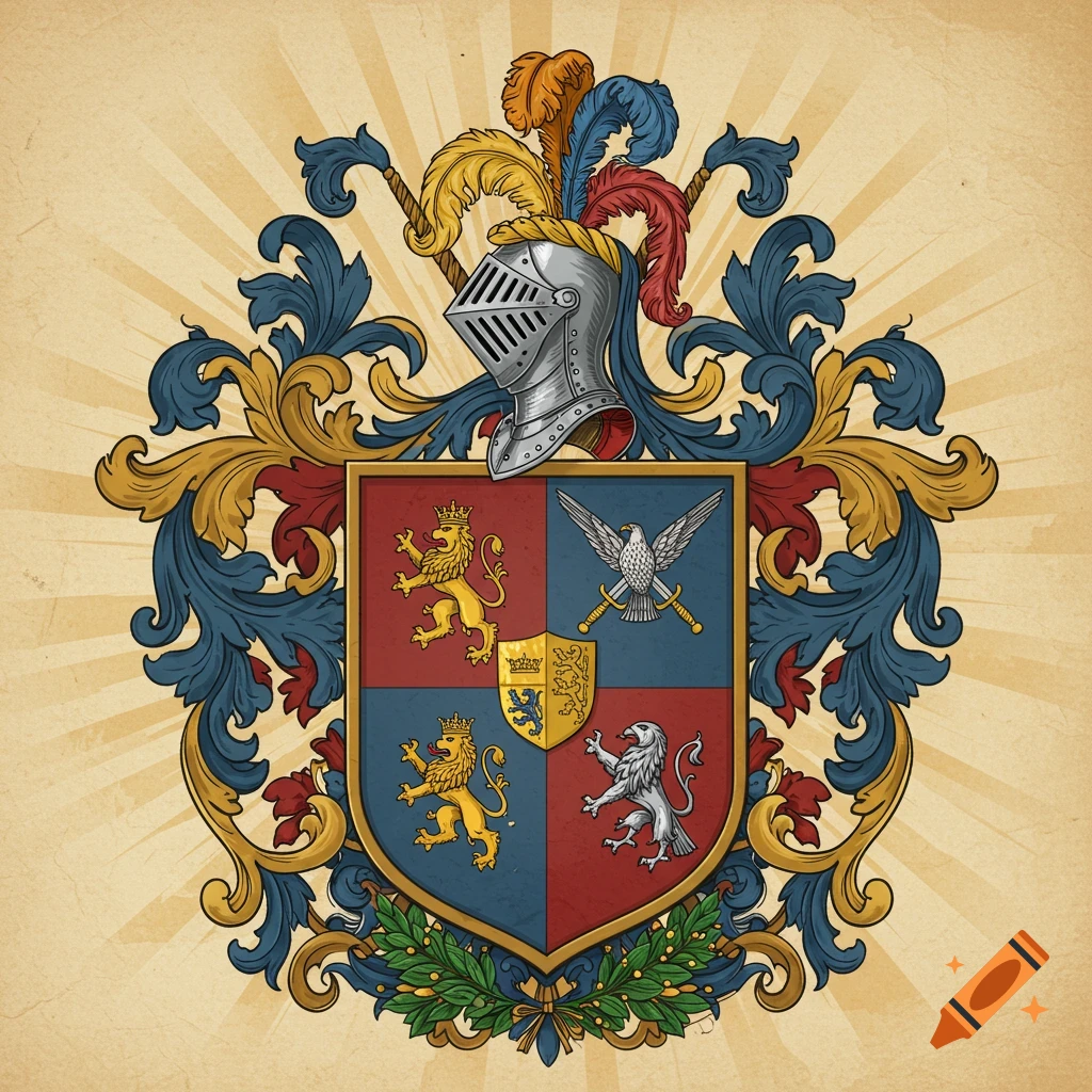 Colorful coat of arms featuring a knight's helmet with feathers, a shield with lions, an eagle with swords, ornate scrollwork, and a laurel wreath on a sunburst background.