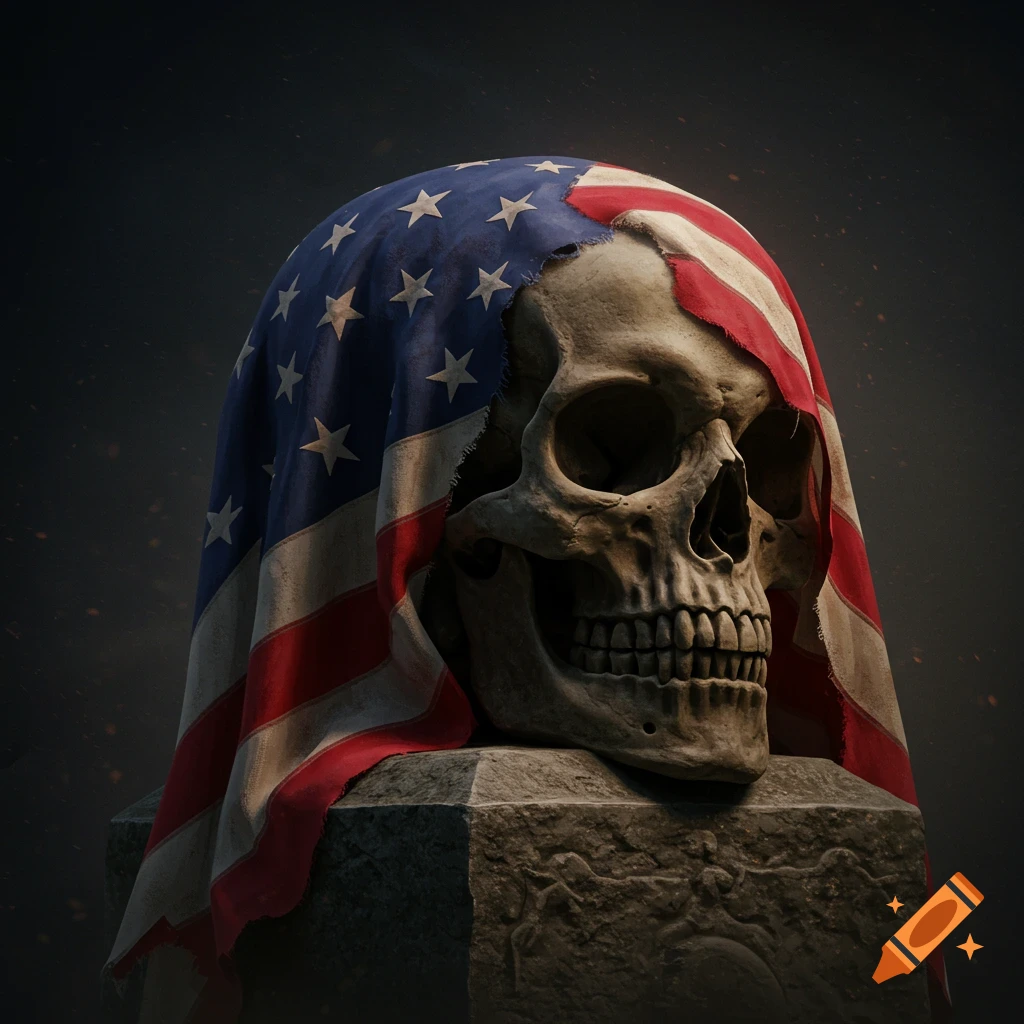A detailed skull draped in a worn American flag rests on a carved stone pedestal against a dark, dusty background.