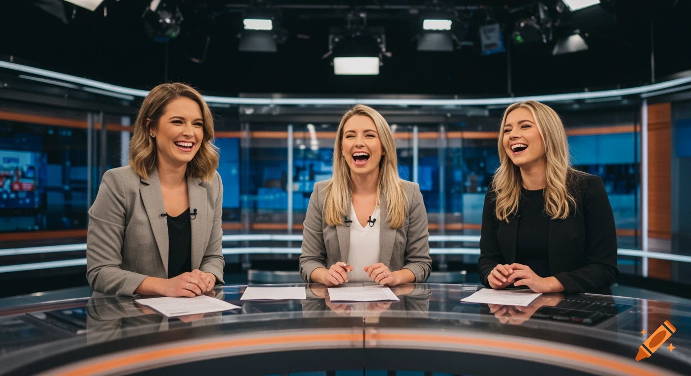 Three laughing female news anchors in a modern broadcast studio, sitting at a desk with papers.