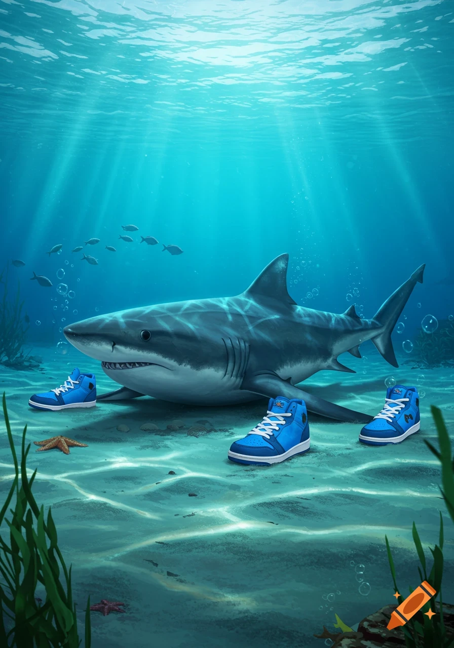 An illustration of a great white shark on the ocean floor surrounded by three pairs of blue sneakers. Small fish swim above in the clear blue water.