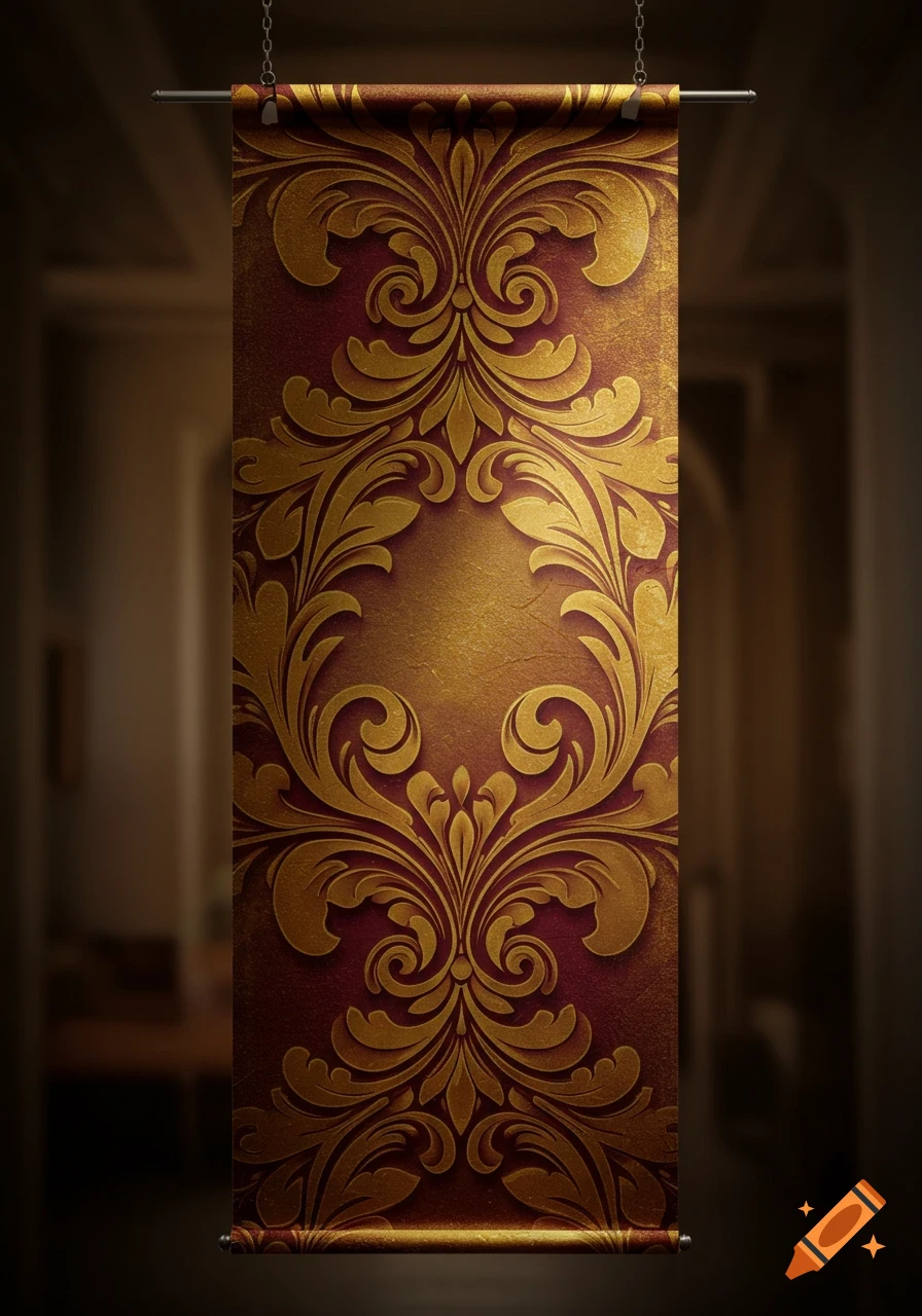 A decorative banner with a rich gold baroque pattern on a textured deep red background, hanging from a metal rod.