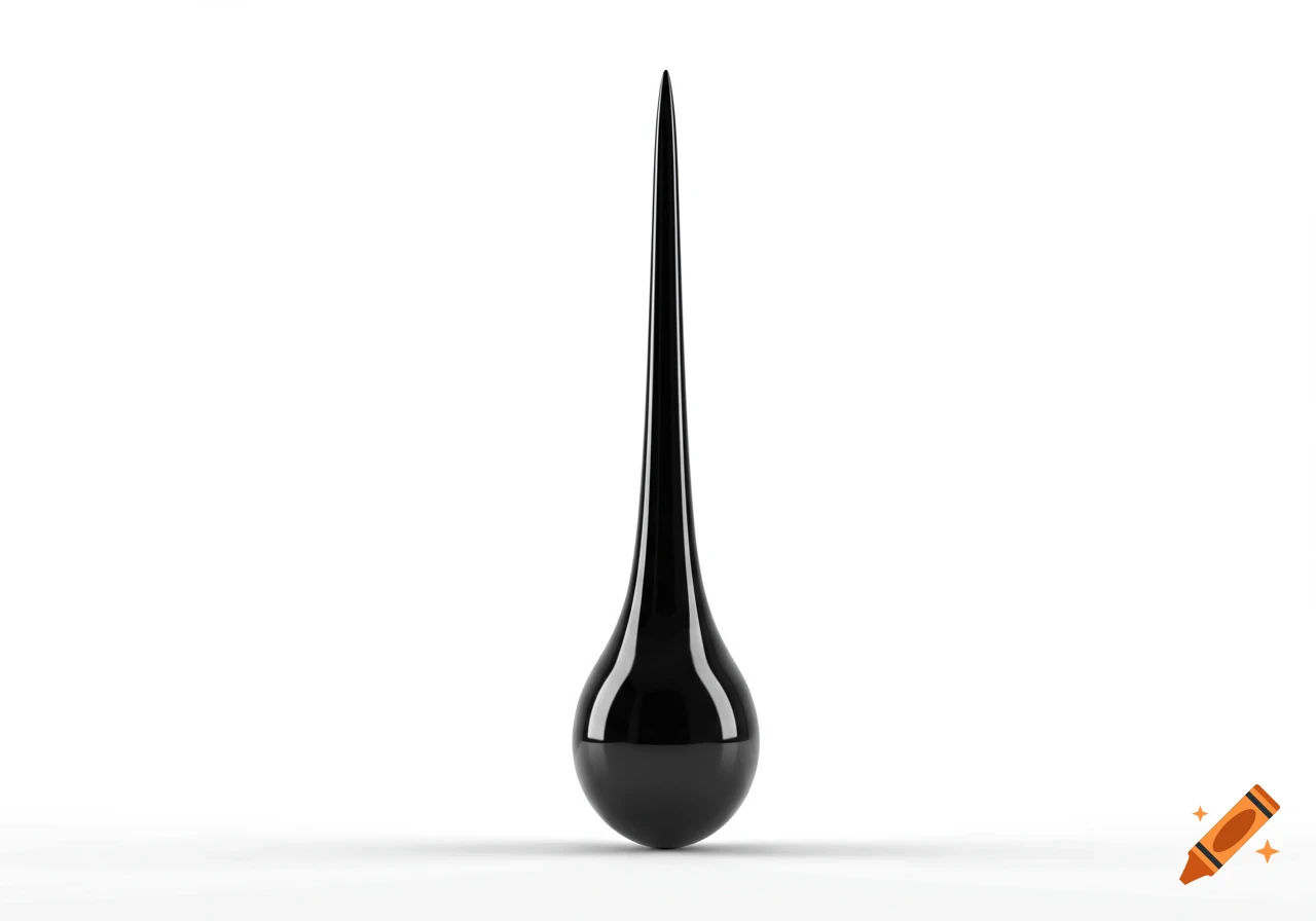 A sleek, black, drop-shaped object with a long, pointed top stands on a white surface with a subtle shadow.