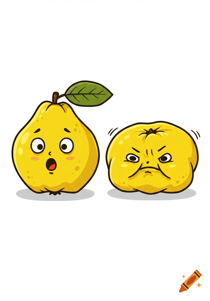 Cartoon illustration of a shocked quince and a squished, angry quince on a white background.