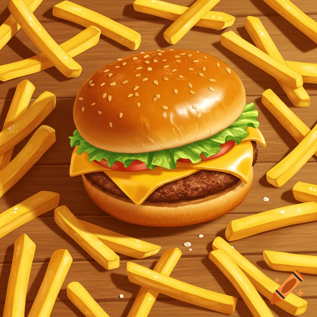 An illustrative top-down view of a cheeseburger with lettuce, tomato, and cheese, surrounded by scattered french fries on a wooden table.