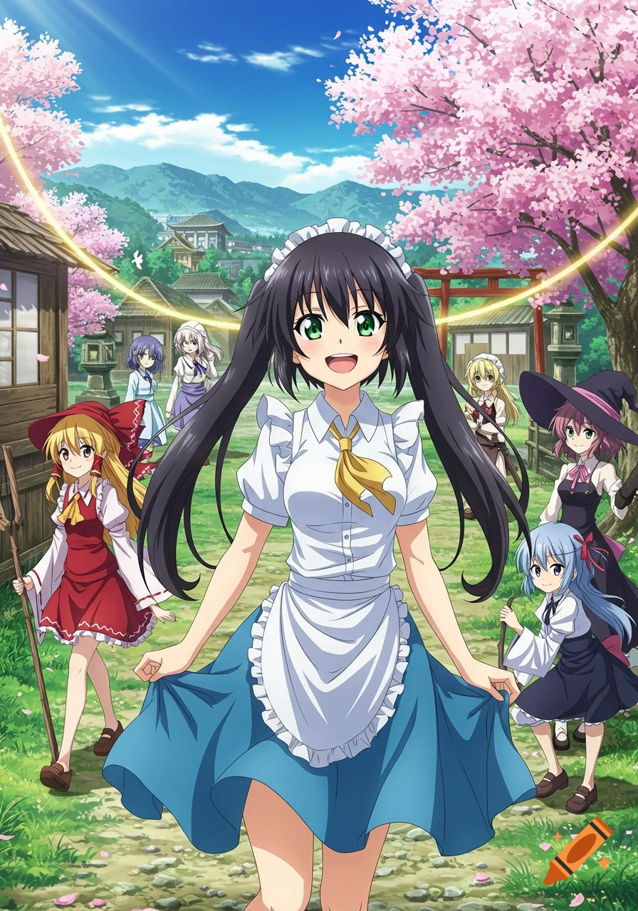A cheerful anime woman in a maid dress and other characters stand in a ...