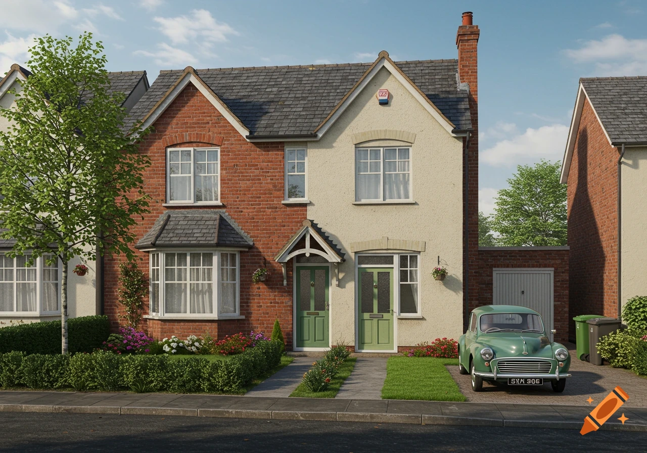A photorealistic view of a 1950s British semi-detached house with a red brick and cream facade, a green Morris Minor parked.