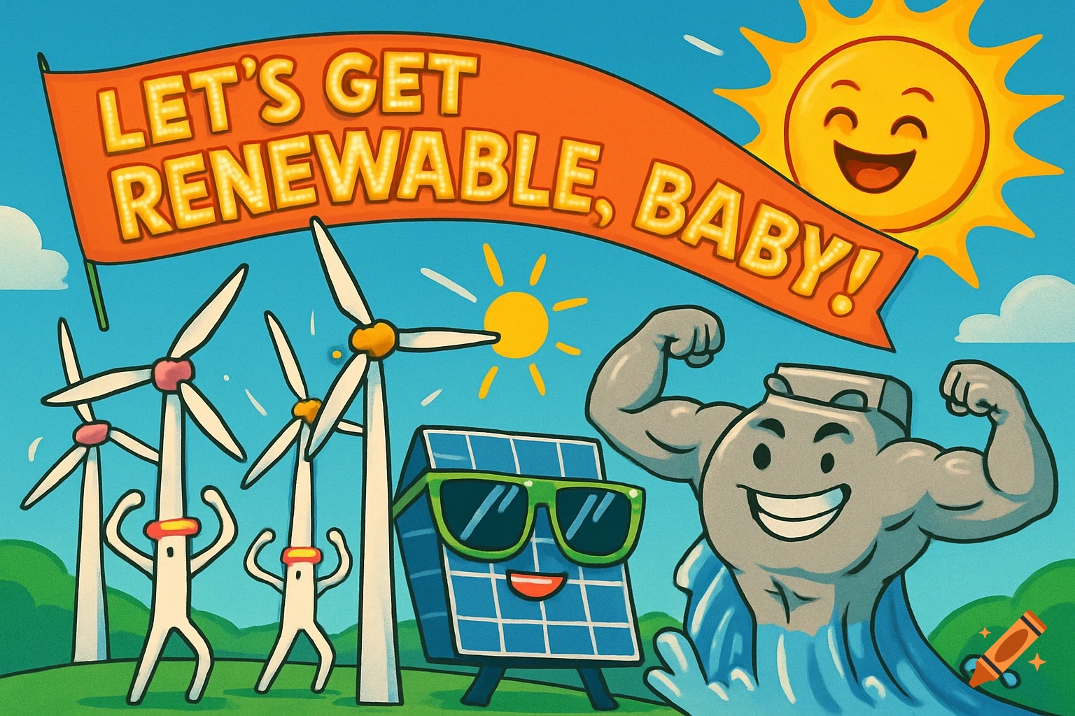 Cartoon of wind turbines doing aerobics, a smiling solar panel with sunglasses, a muscular water dam, and a happy sun, with a banner saying "LET'S GET RENEWABLE, BABY!"