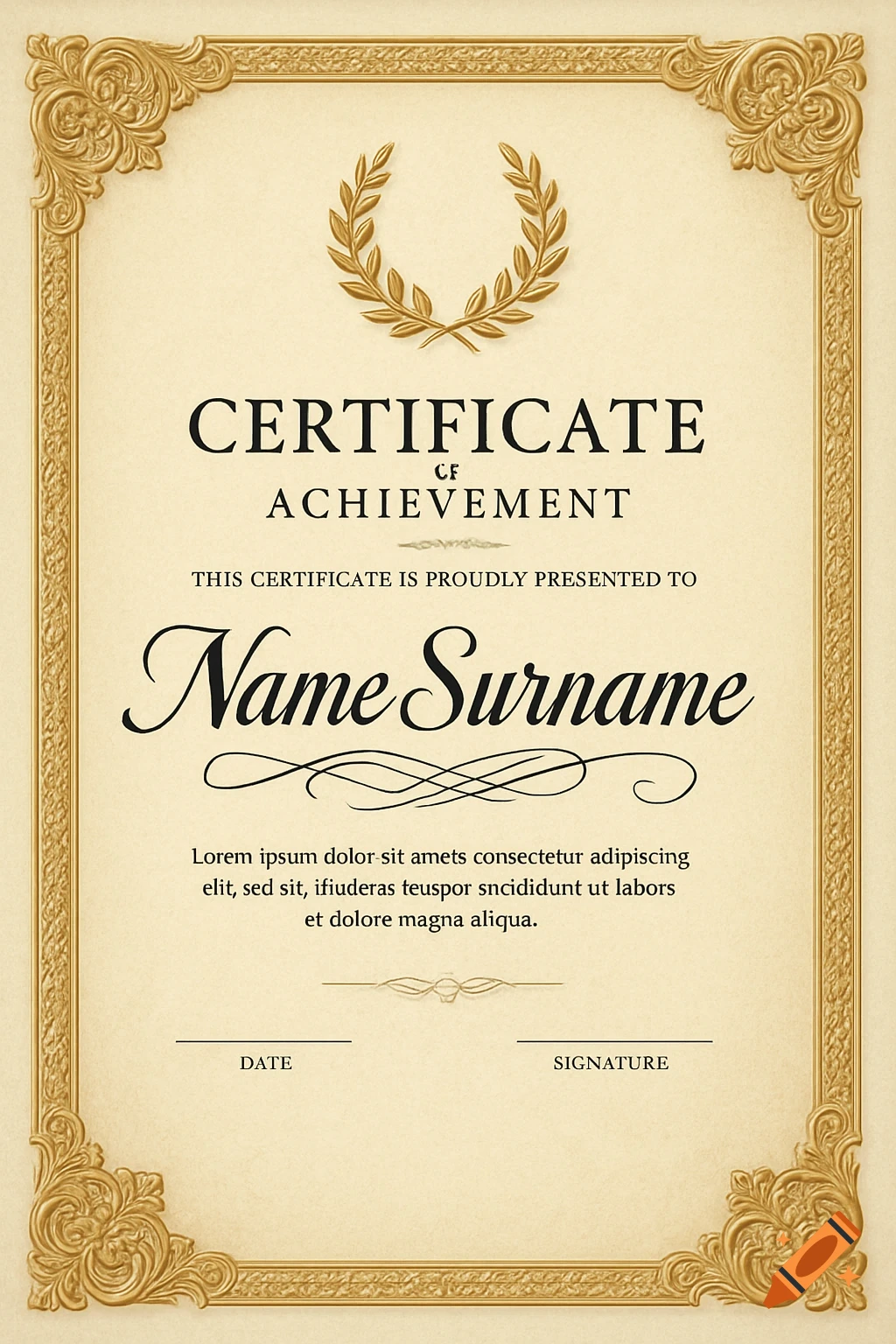 A formal certificate of achievement with a golden ornate frame, a laurel wreath, and placeholder text including "Name Surname" and garbled Latin filler.