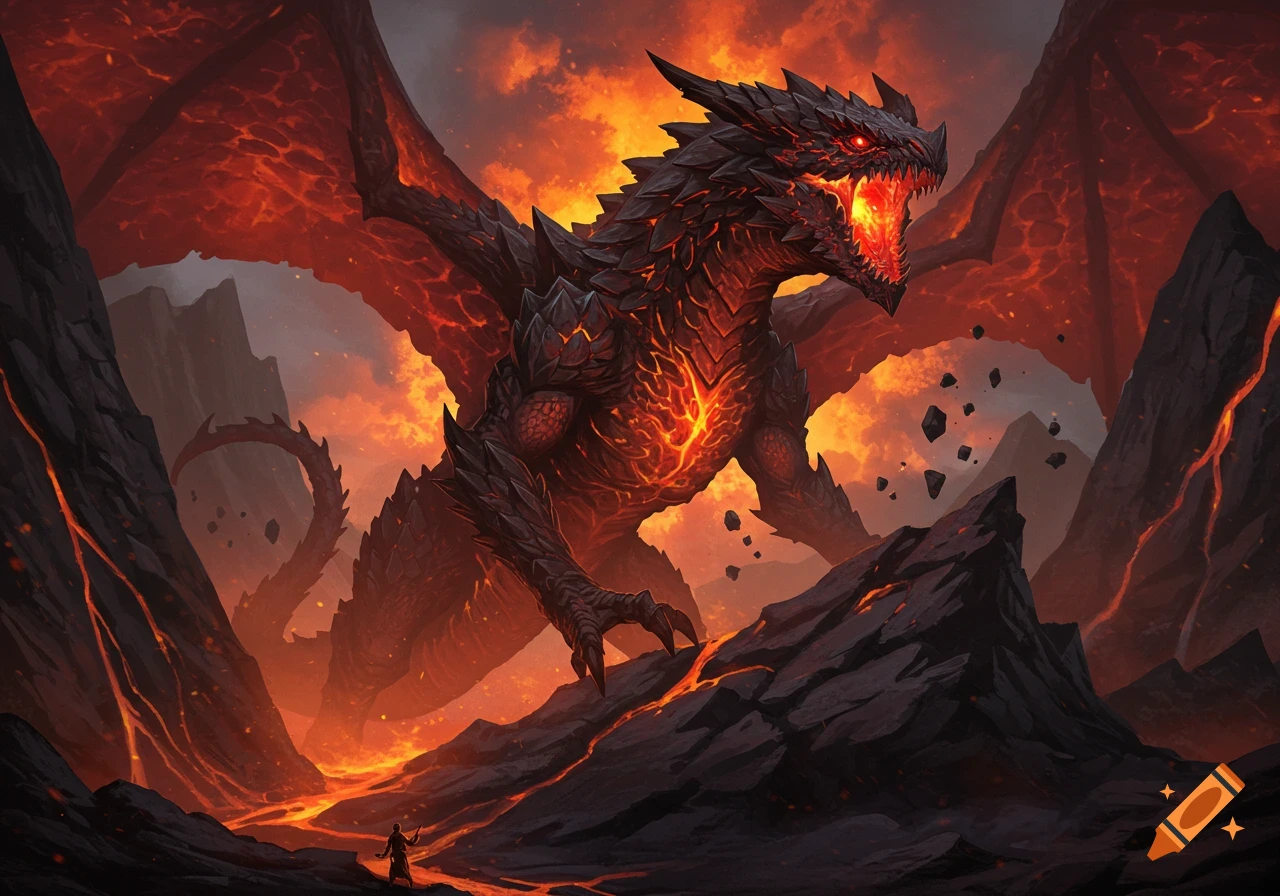 A gigantic lava dragon with fiery wings and glowing red eyes roars amidst a volcanic landscape with flowing lava and a small human figure.