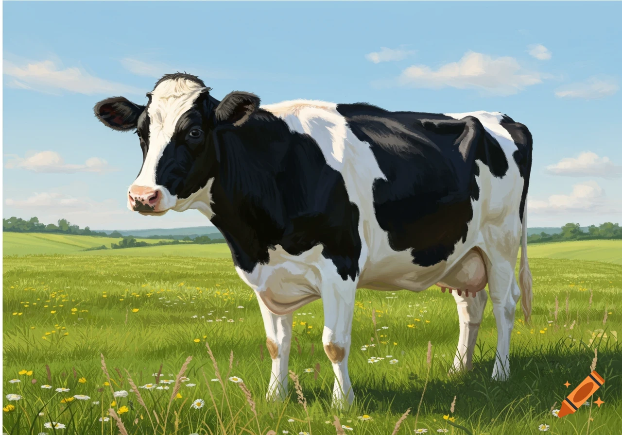 A black and white Holstein cow stands in a green field filled with ...