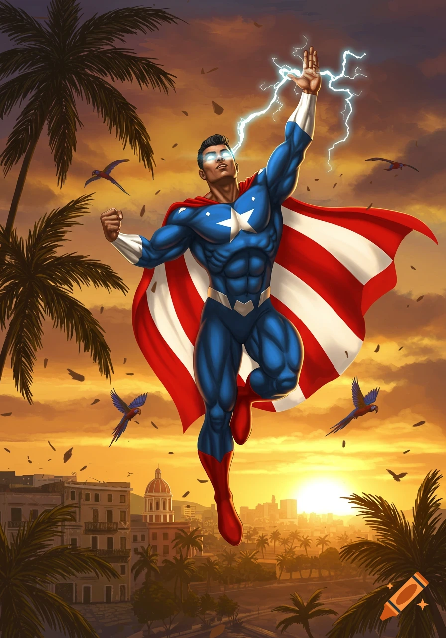 A muscular male superhero in a blue, red, and white suit with a star, and a striped cape, flies above a tropical city at sunset, raising a lightning-generating hand. Comic book art.