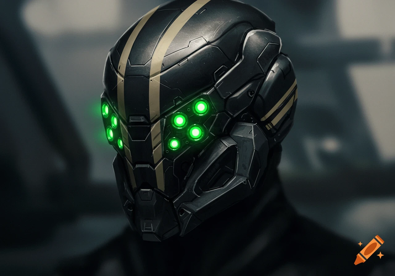 A black and gold futuristic helmet with six glowing green eyes and intricate metallic textures.