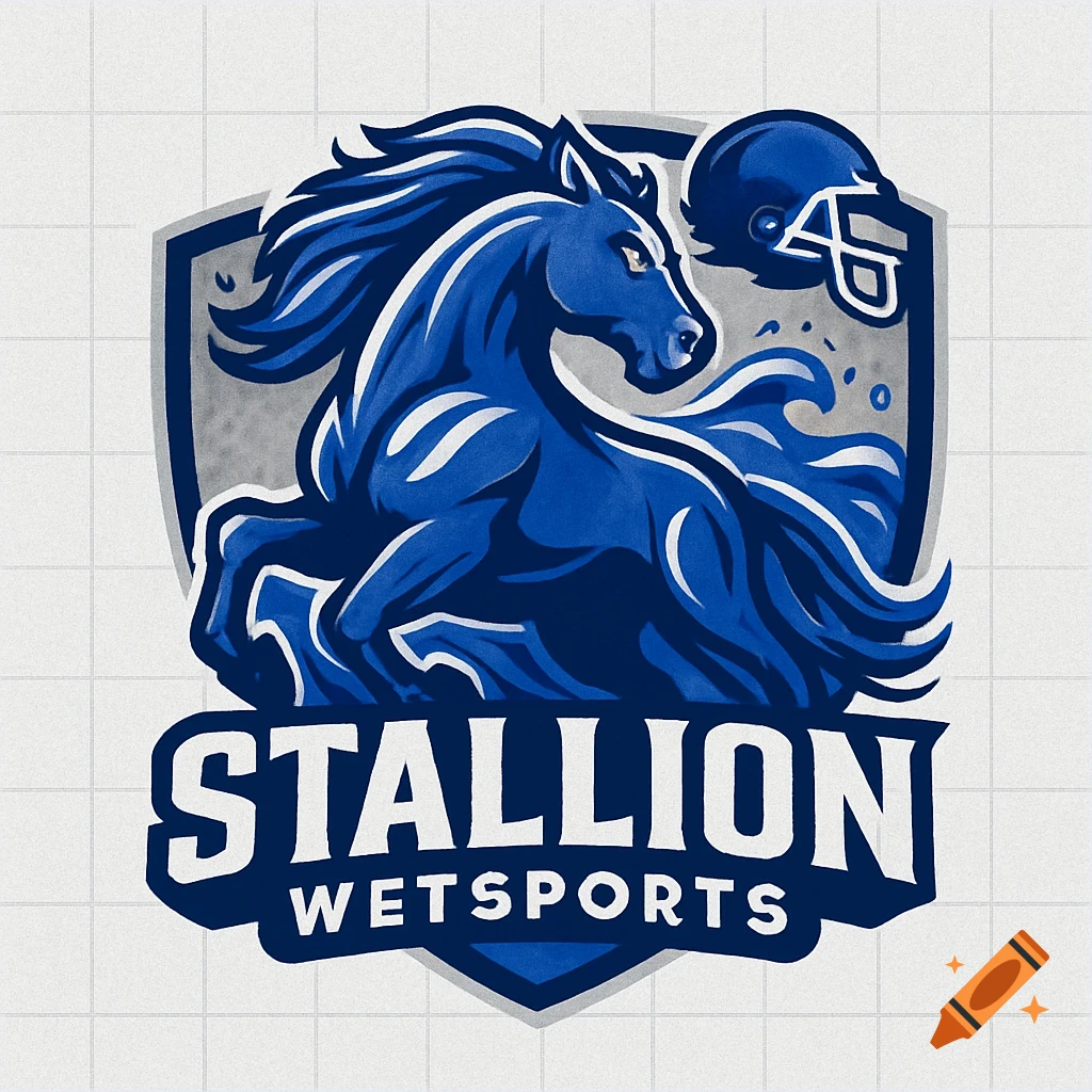 A blue and grey sports logo featuring a powerful blue horse, an American football helmet, and the text 'STALLION WETSPORTS' on a shield.