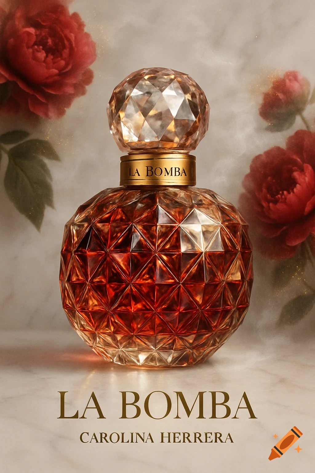 A diamond-cut amber perfume bottle labeled "LA BOMBA" by "CAROLINA HERRERA" on a marble surface with red roses and sparkling mist in the background.