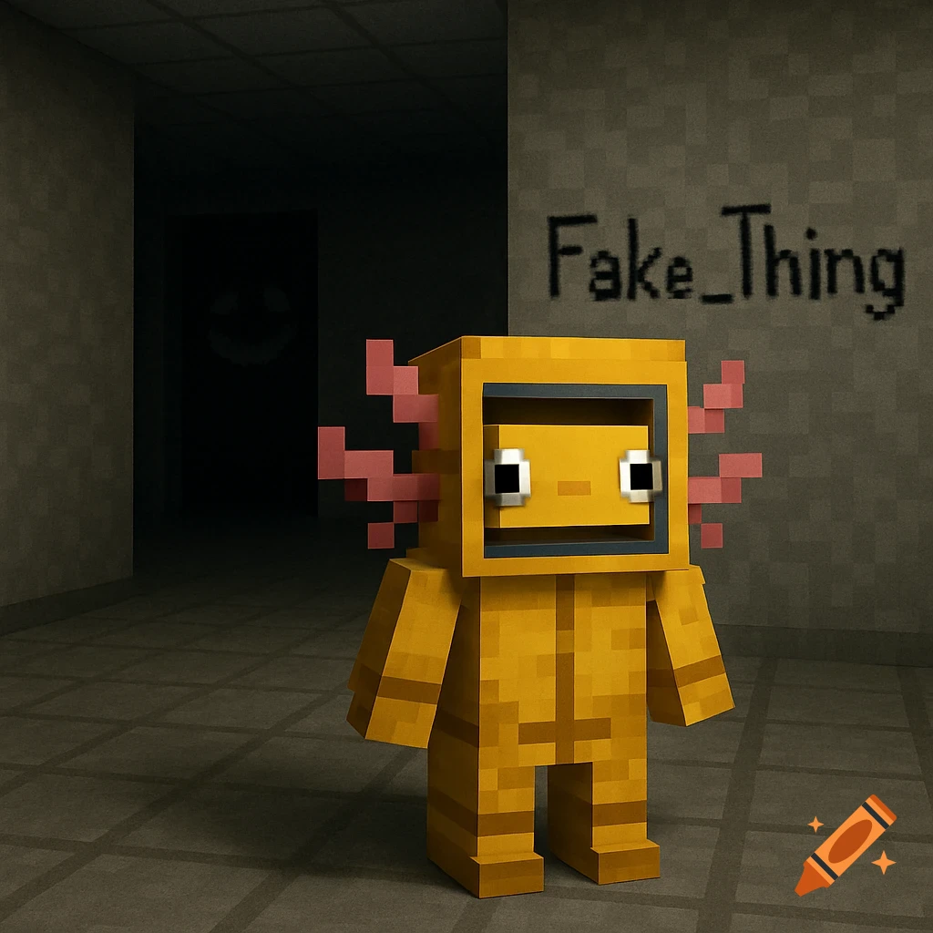 A pixelated yellow Minecraft axolotl in a hazmat suit stands in a dark backroom. 'Fake_Thing' is graffiti on the wall, with a creepy smile in the distance.