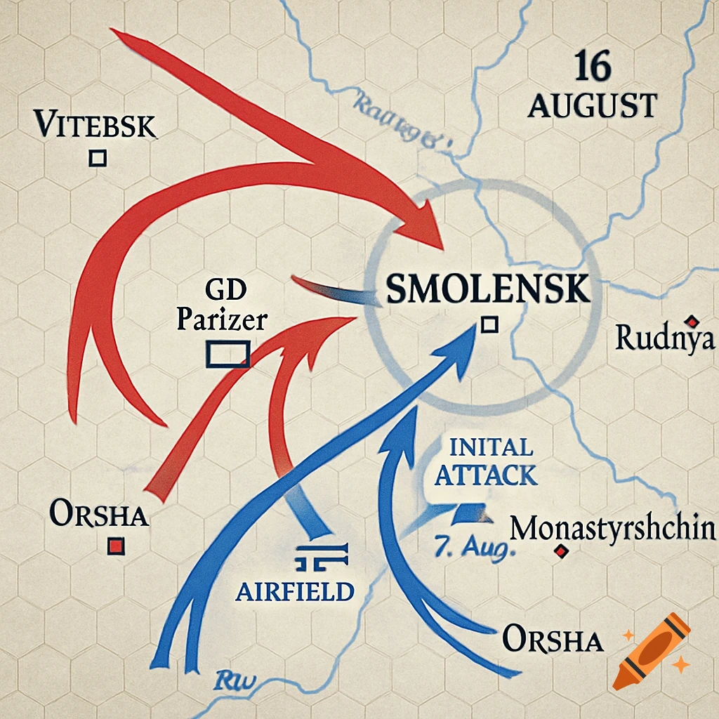 A hex-grid map of a WWII battle showing red and blue arrows indicating military movements and encirclements around Smolensk, with place names like Vitebsk and Orsha labeled.