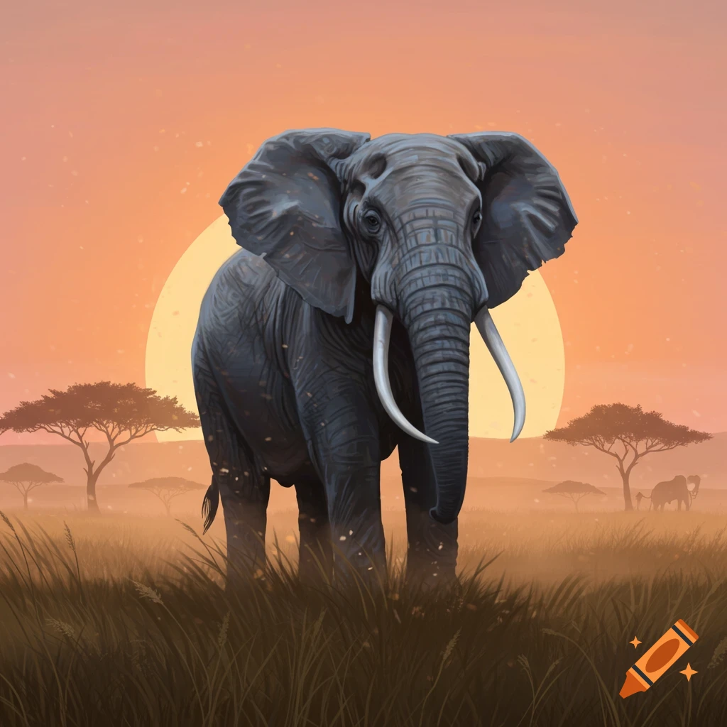 Digital illustration of a large elephant standing in tall grass in a savanna at sunset, with acacia trees.