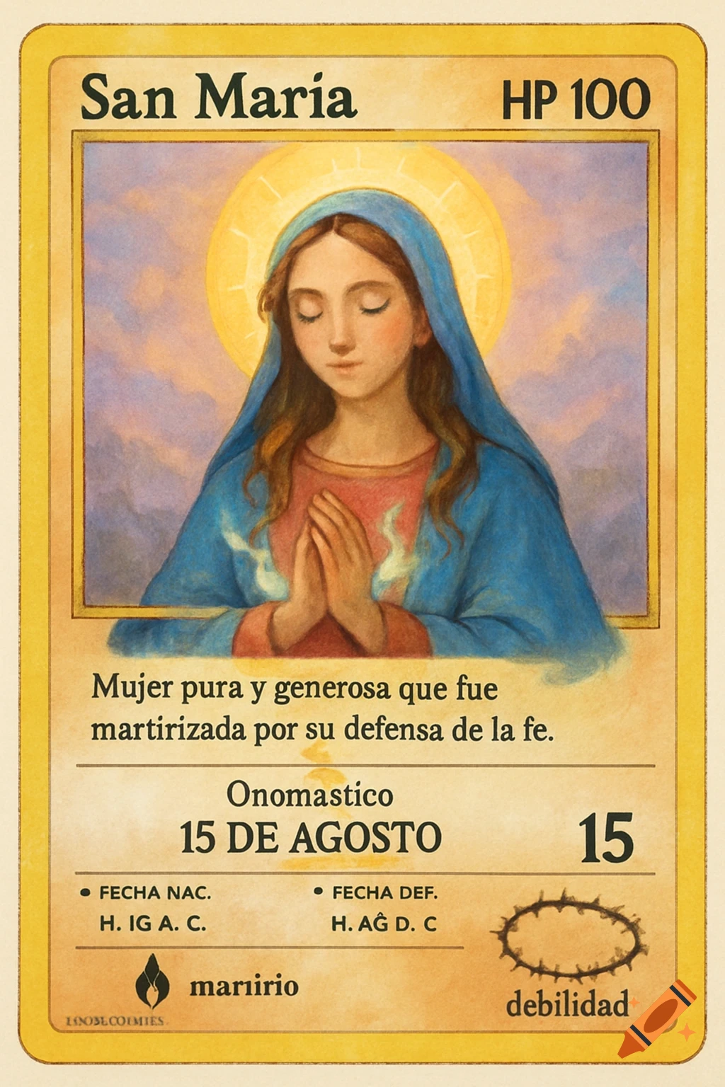 A Pokémon-style card for San María (Saint Mary) with a watercolor illustration of Mary praying, a halo, and text describing her biography, feast day, and stats.