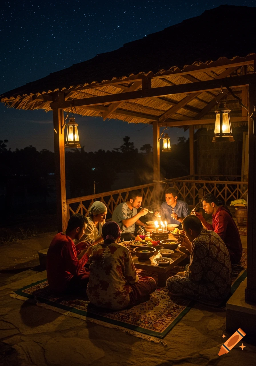A group of people gathered around a low table, eating by candlelight and lantern light under a thatched gazebo at night with a starry sky.
