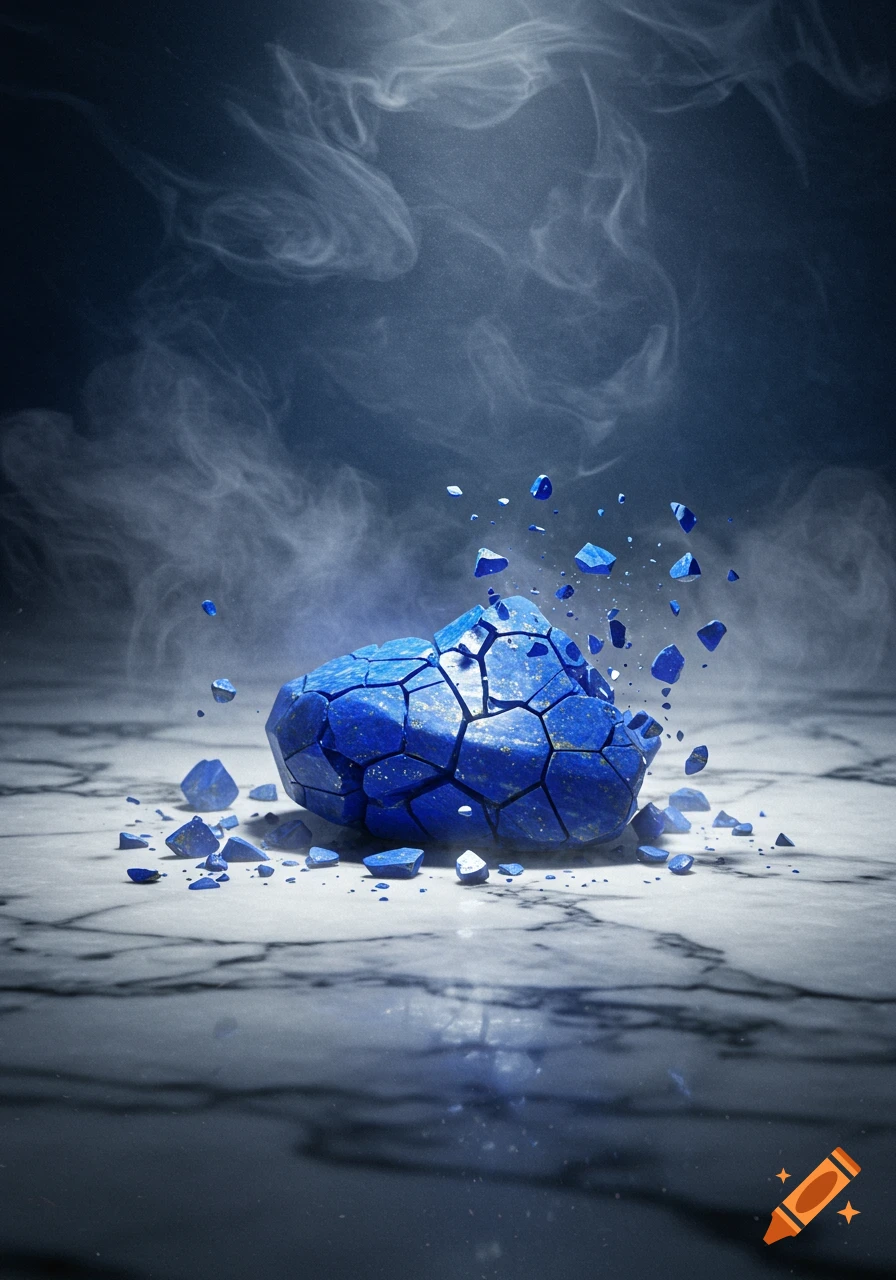 A large, faceted blue lapis lazuli gem shatters into fragments on a marble surface, surrounded by smoke and dramatic light.