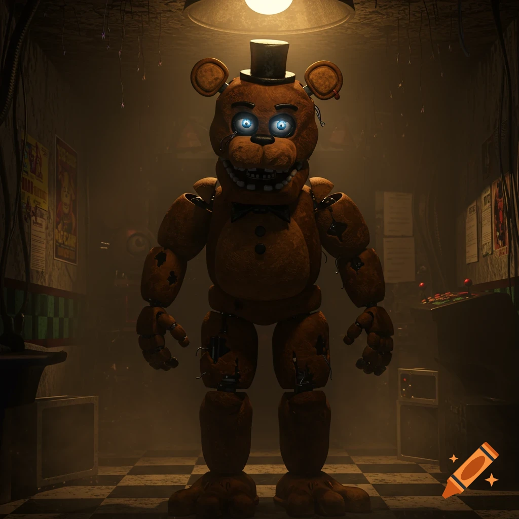 An uncanny, damaged Freddy Fazbear animatronic stands in a dimly lit, cluttered room with glowing blue eyes and a wide grin, in a photorealistic style.