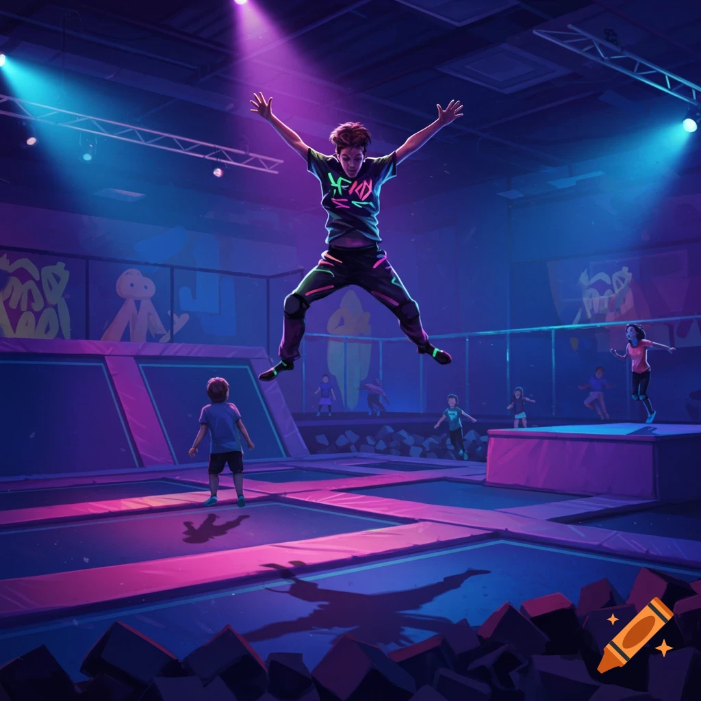 A person jumps high on a trampoline in a neon-lit indoor park, with other people in the background. Digital art.
