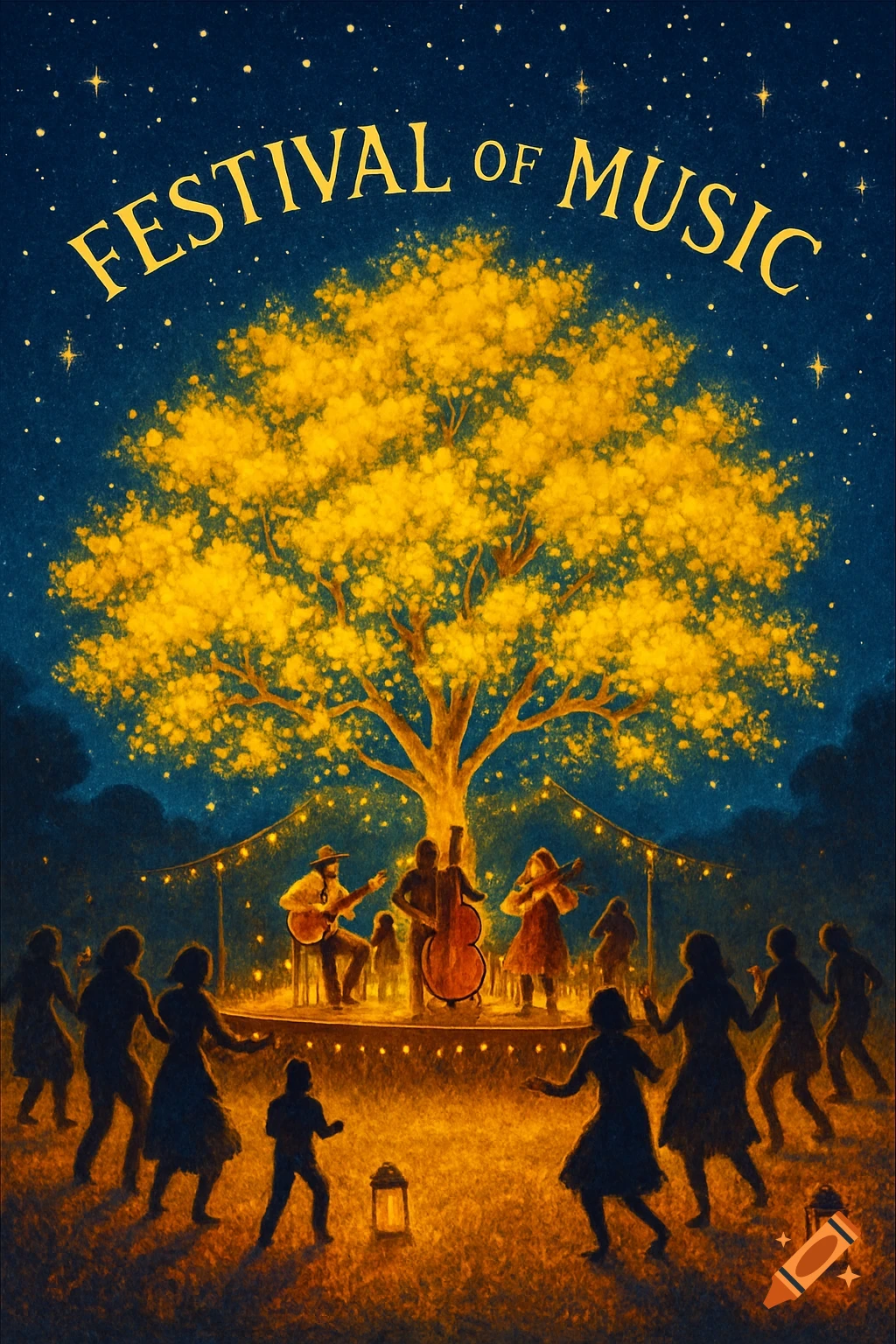A vibrant illustration of a night music festival under a starry sky, with a glowing yellow tree, musicians, and people dancing.