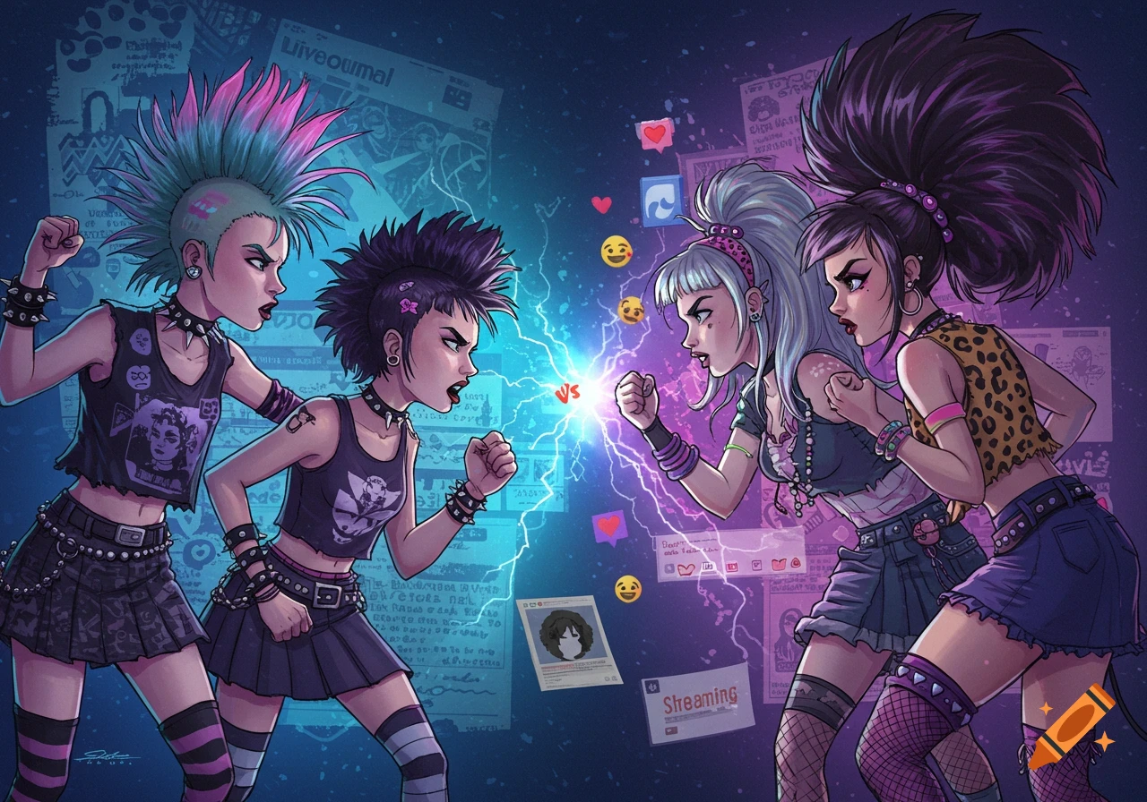 Four stylized e-girls, two punks on the left and two alternative girls on the right, face each other aggressively with a lightning bolt between them. Social media elements like hearts and emojis float in the background.