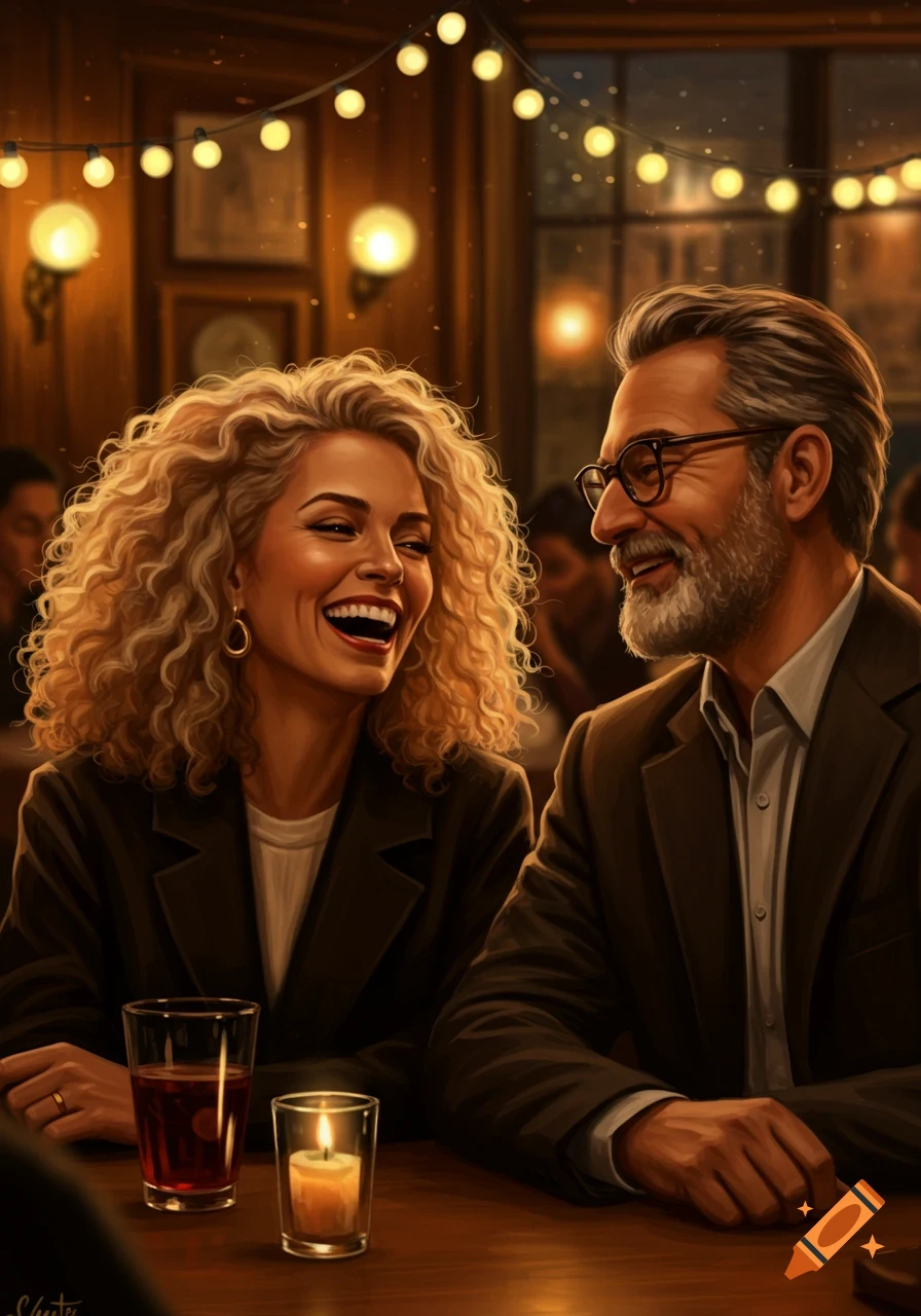 A smiling couple with curly blonde hair and a beard on a romantic date in a warm, dimly lit restaurant, digital art.