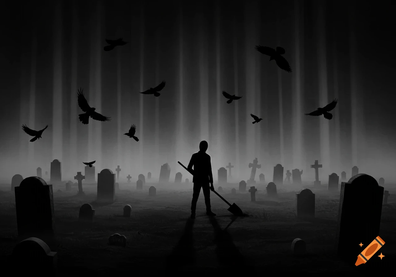 A dark silhouette of a person holding a shovel in a misty graveyard with crows flying, in black and white.