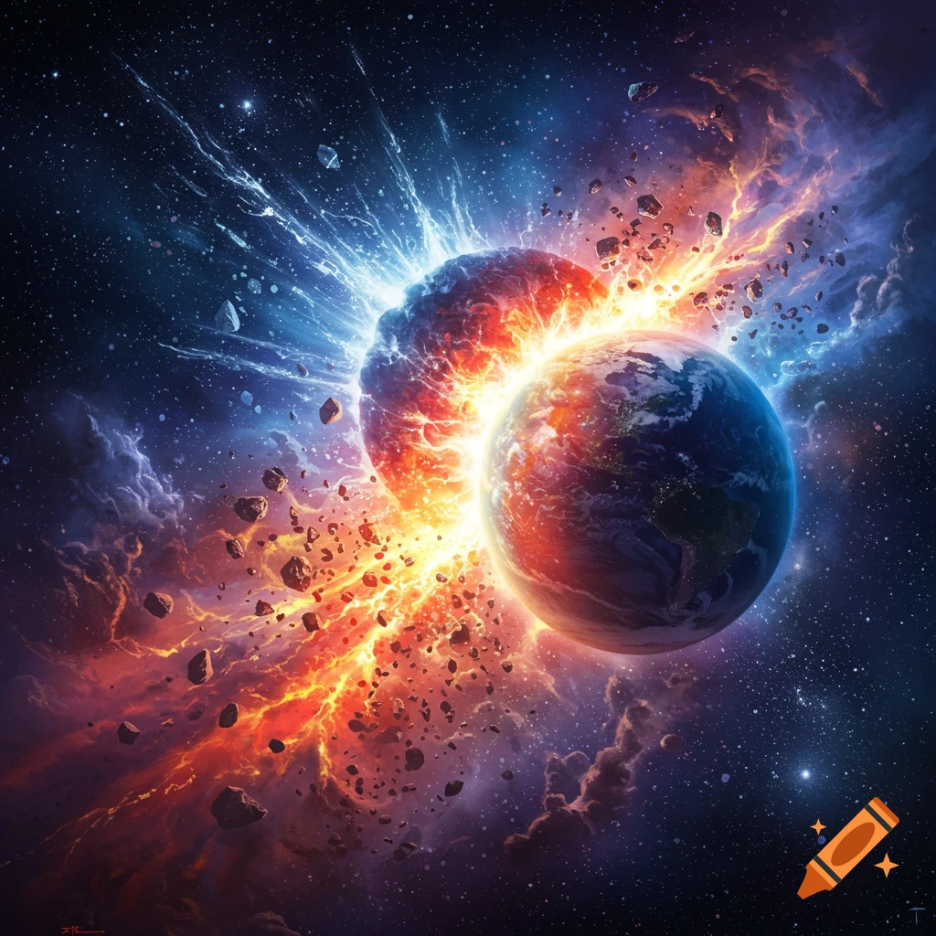 Earth collides with a celestial body in a fiery explosion, sending debris across the vibrant cosmic backdrop.