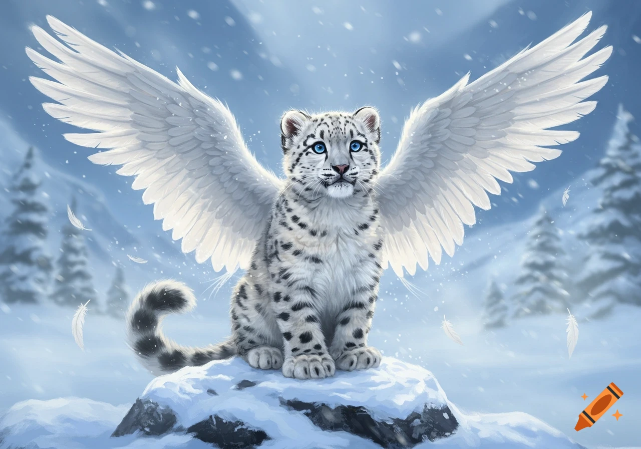 A fluffy snow leopard cub with white wings sits on a snowy rock in a winter wonderland with falling snow and evergreen trees.