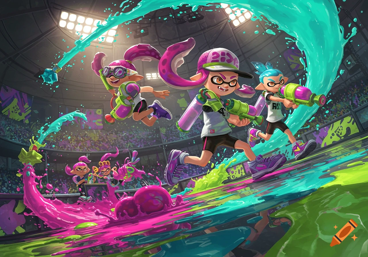 Vibrant Splatoon game art showing squid-like characters running and jumping in a stadium, splashing green and pink ink during an intense battle.
